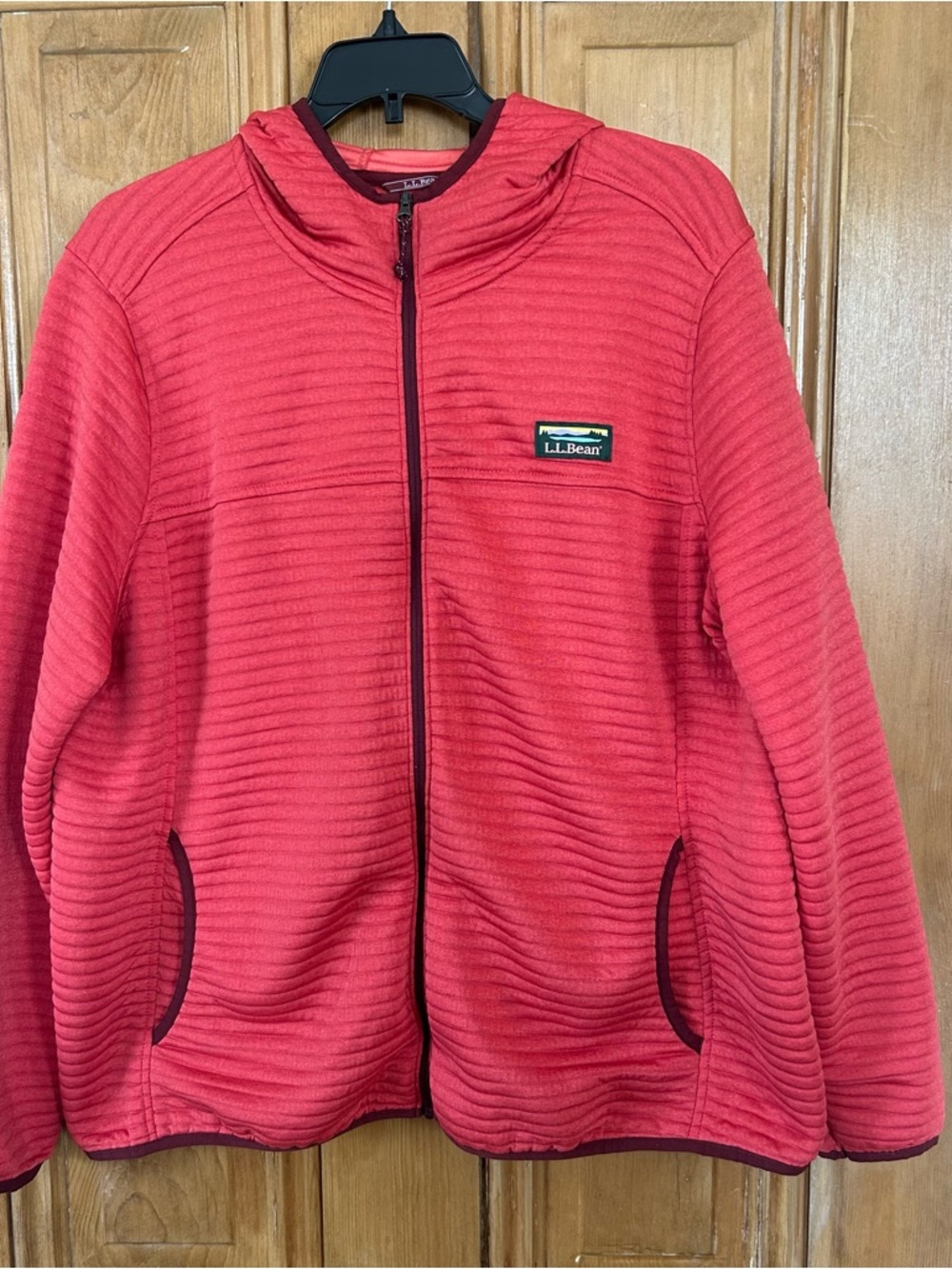 L.L. Bean Coral Red Lightweight Jacket Ribbed Full Zip Hooded Size XL petite